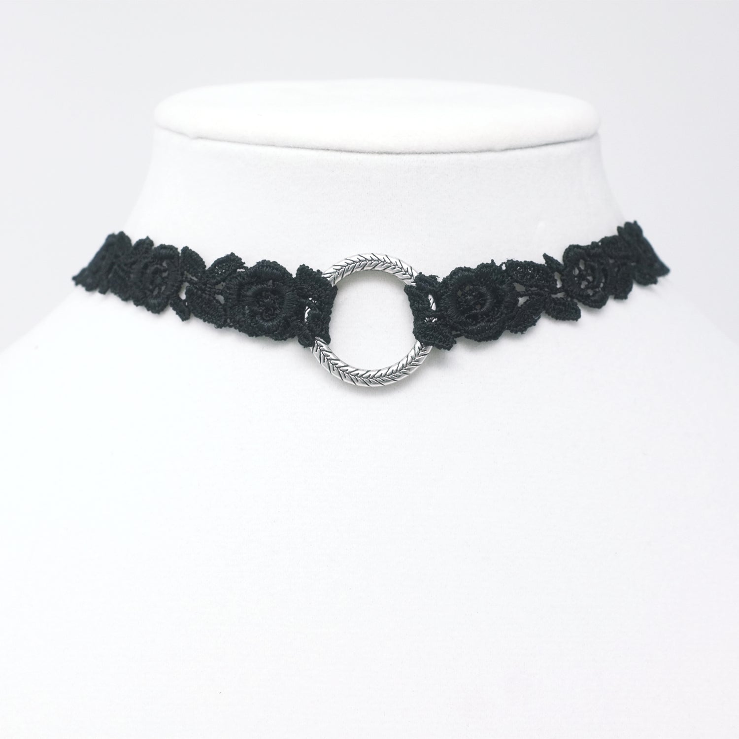 O Ring Choker made with black lace with a rose pattern