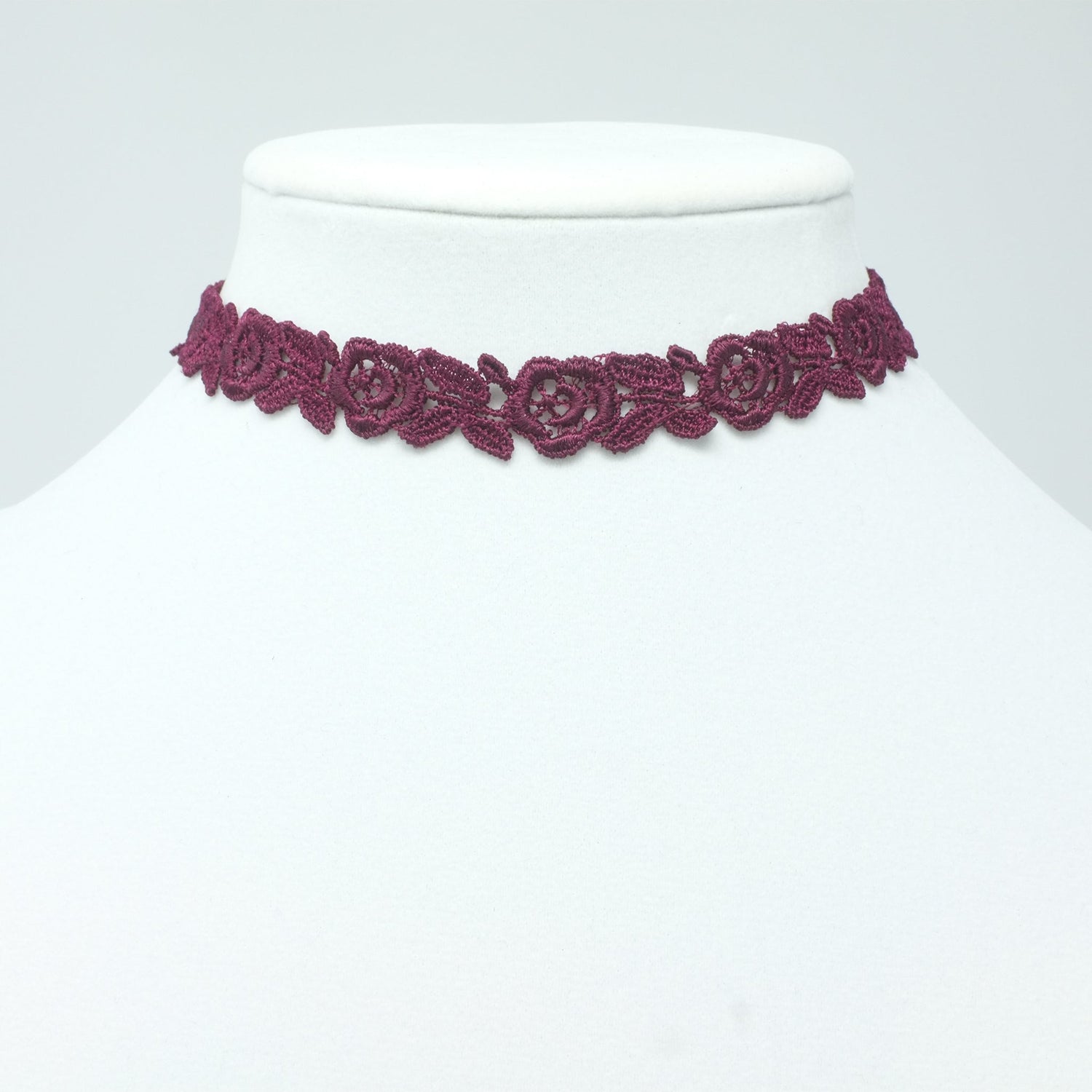 Burgundy Lace Choker with Rose Flower Pattern