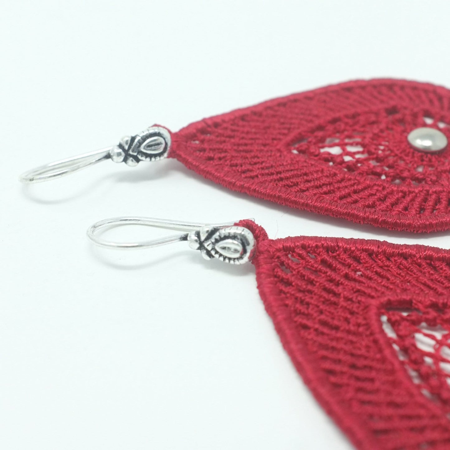 Long Lace Teardrop Earrings with Silver Beads