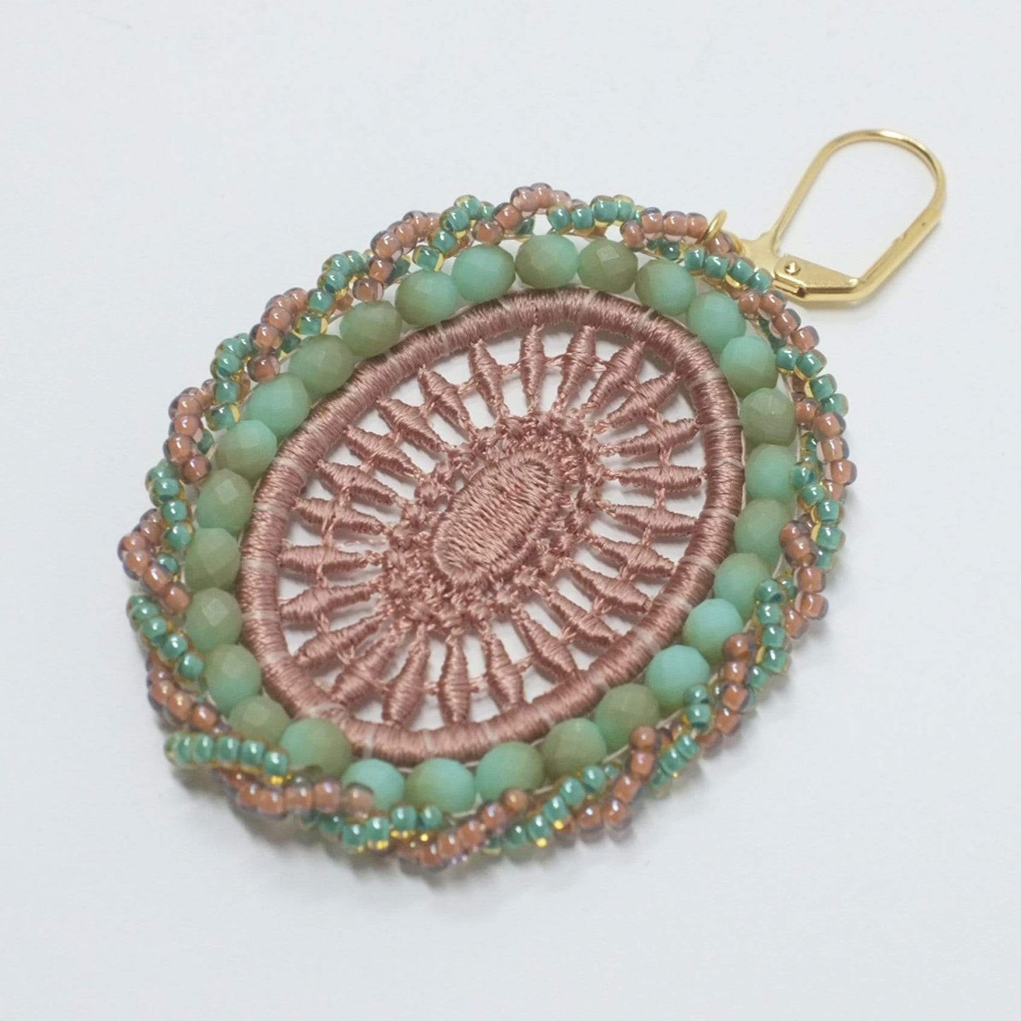 Aqua and Beige Bead Embroidery Earrings
