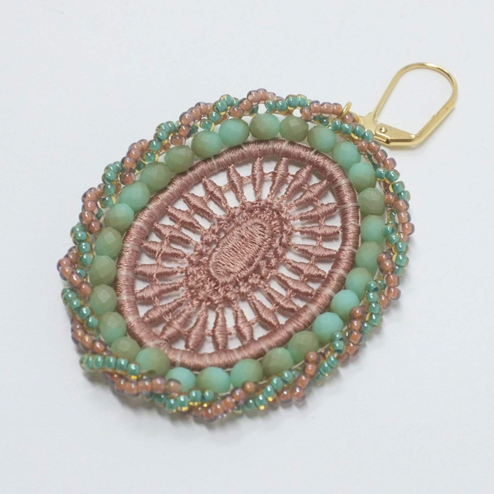 Aqua and Beige Bead Embroidery Earrings