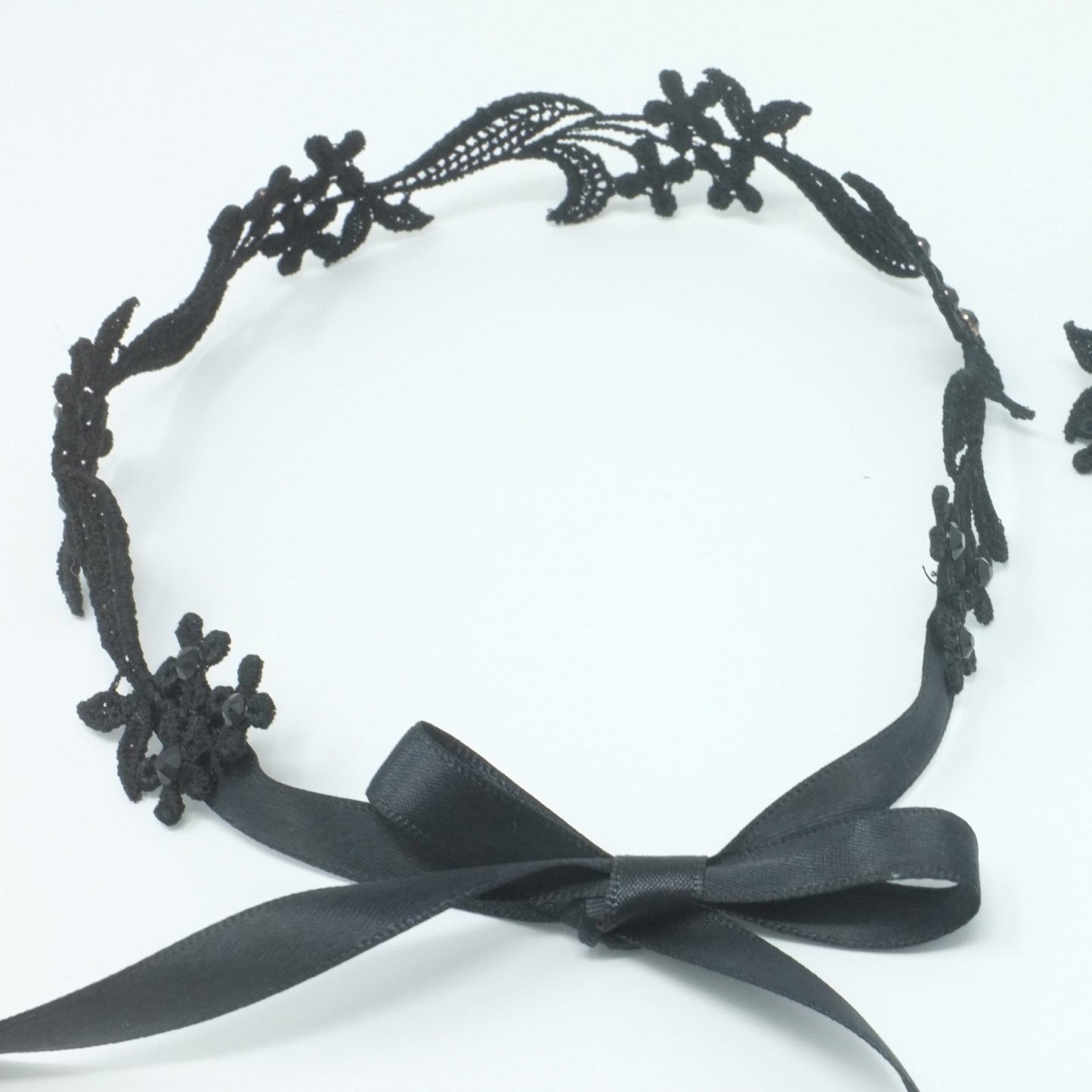 Lace Up black floral choker with black silk ribbon