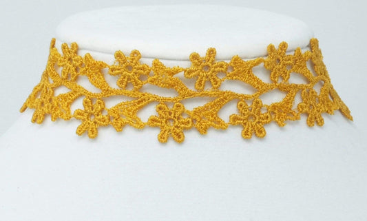 Yellow Wide Choker with Floral Lace