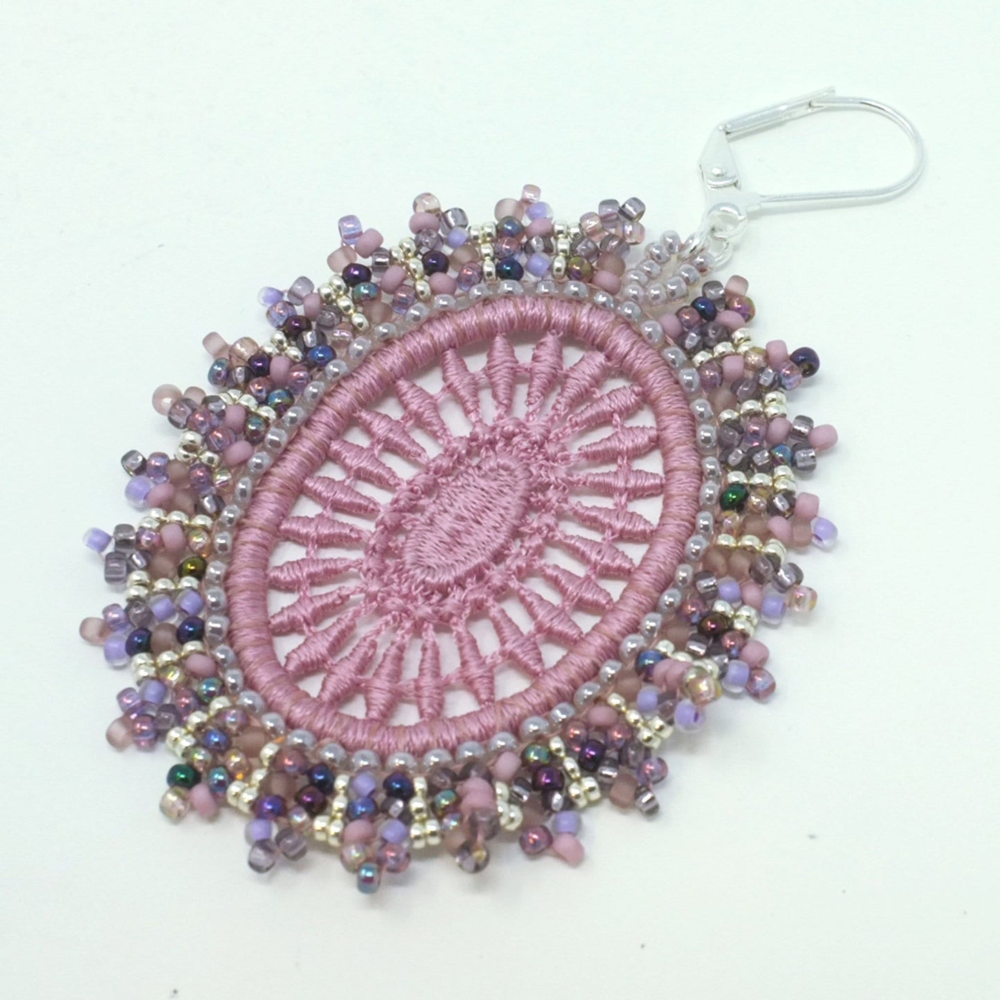 Pastel Pink Beaded Lace Oval Earrings