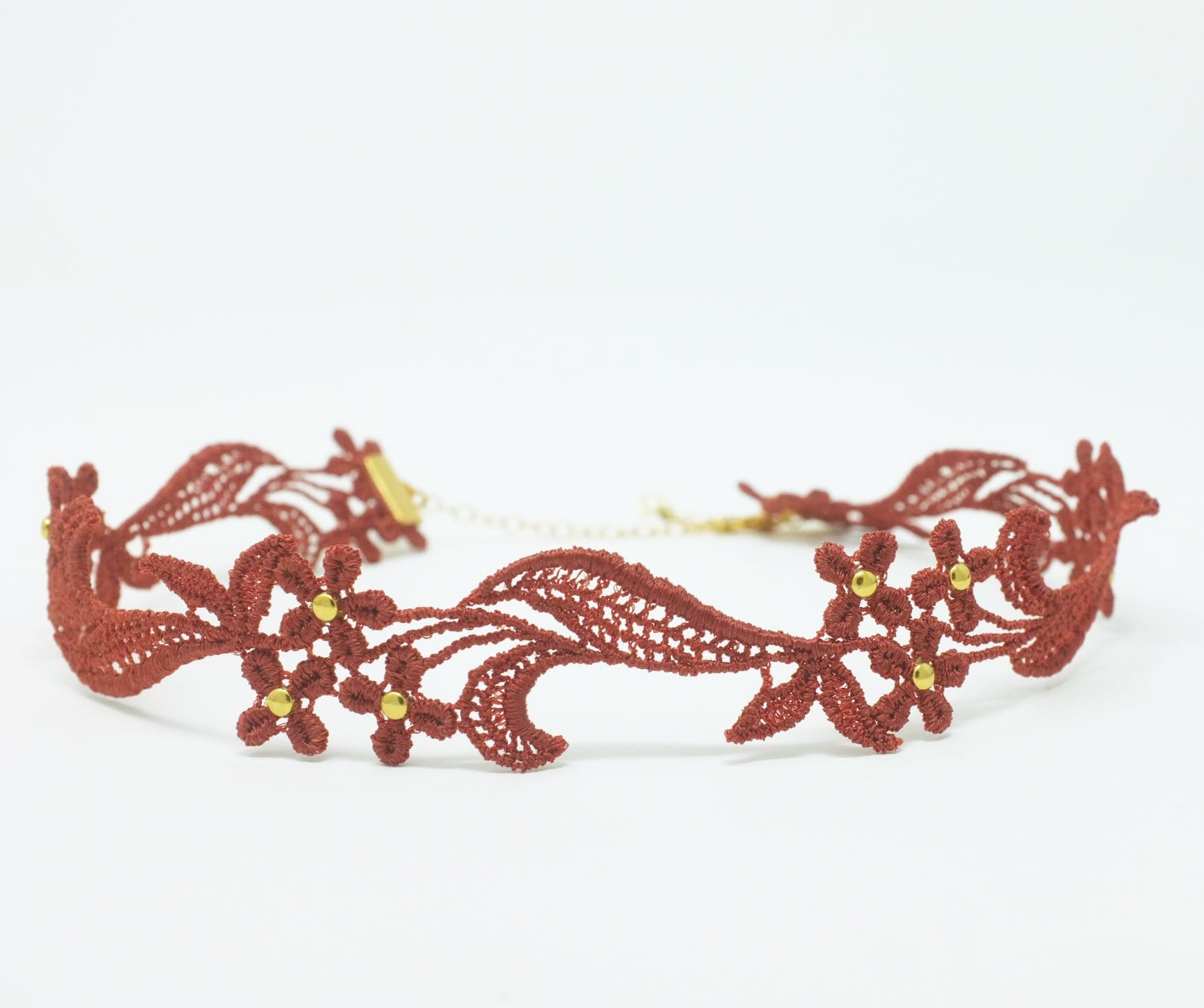 Burnt Orange Lace Choker studded with gold beads