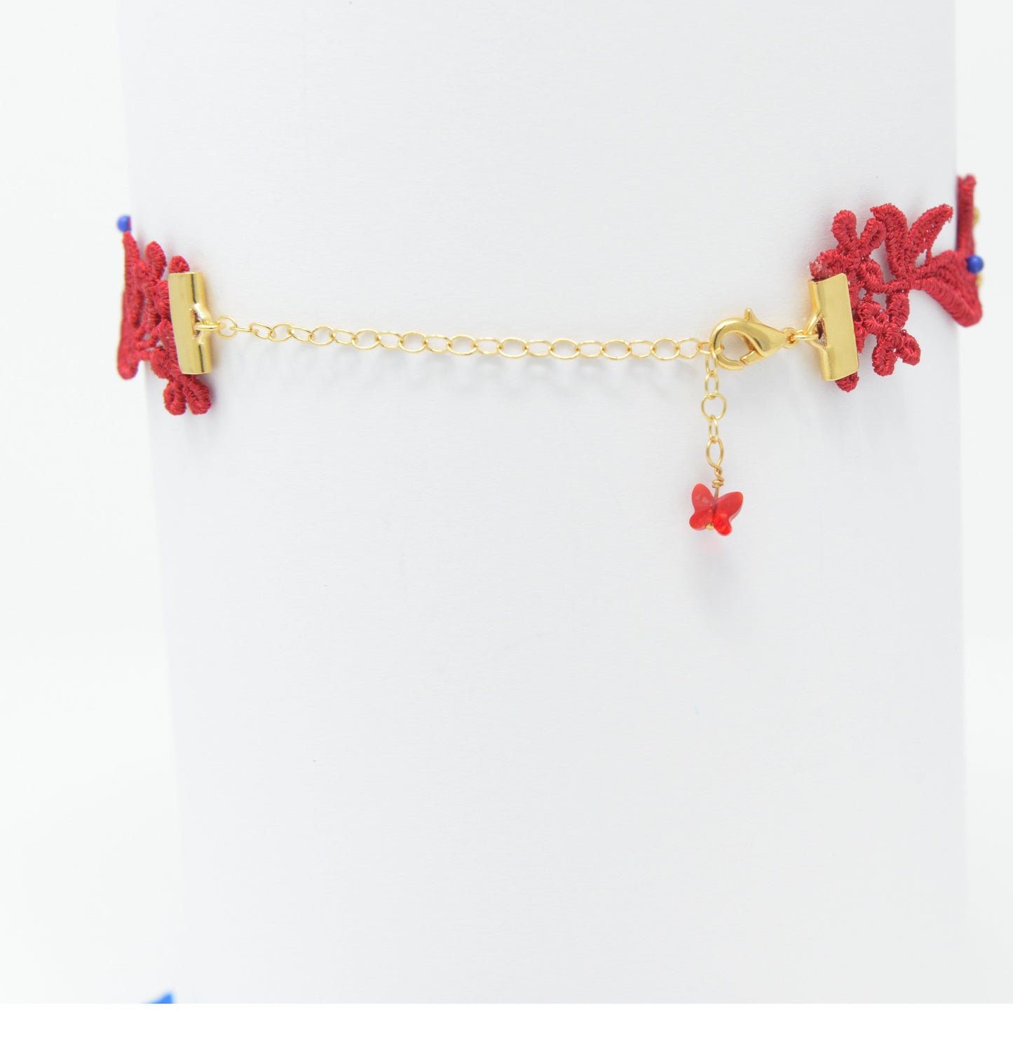 Red and Gold Lace Choker Gold Plated Brass Clasp & Chain with Butterfly crystal bead