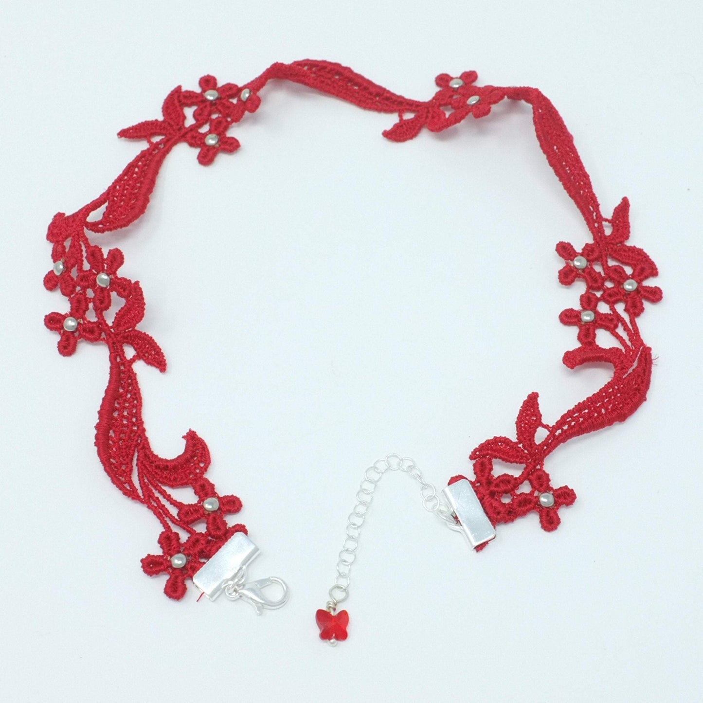 Red and Silver Sophia Lace Choker. Silver Studded Choker necklace with metal clasp