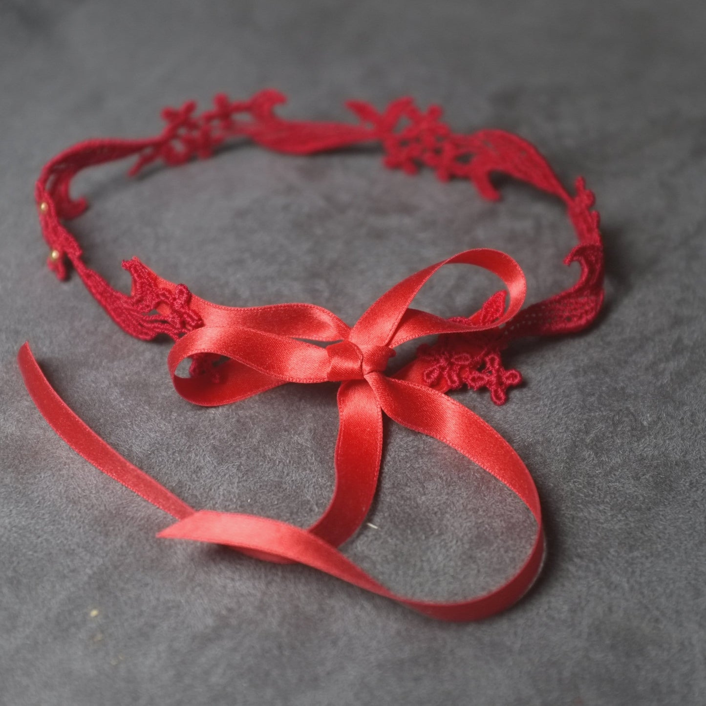 Red and Silver Sophia Lace Choker with silk ribbon as closure.