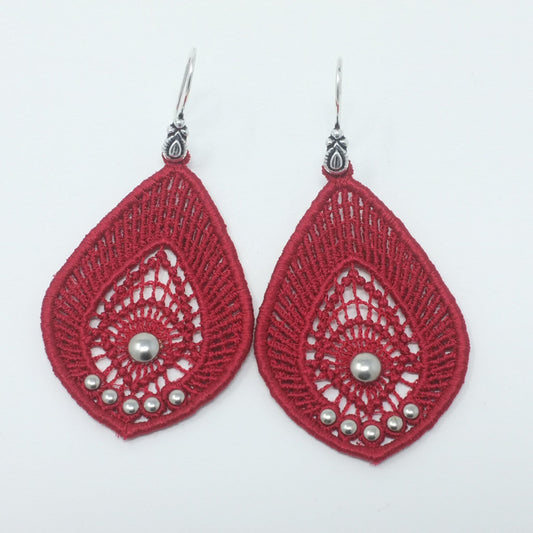 Long Lace Teardrop Earrings with Silver Beads