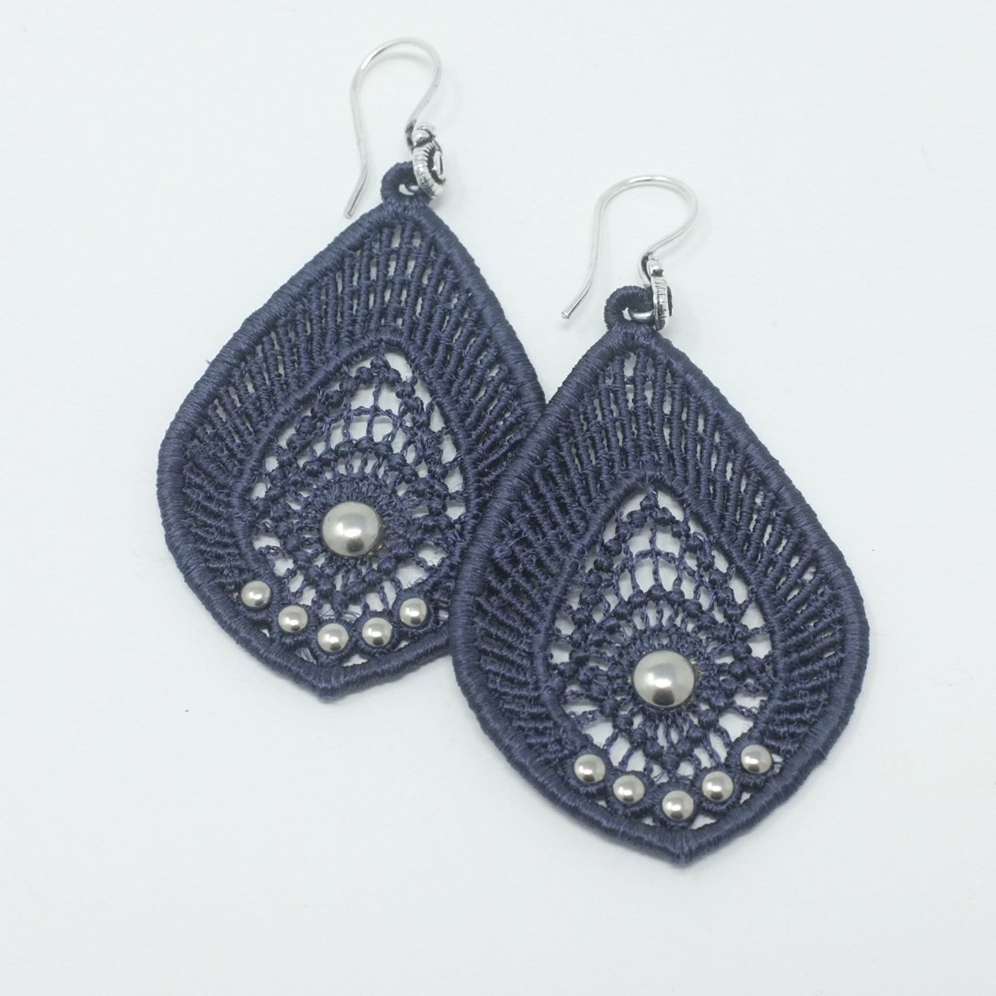 Long Lace Teardrop Earrings with Silver Beads