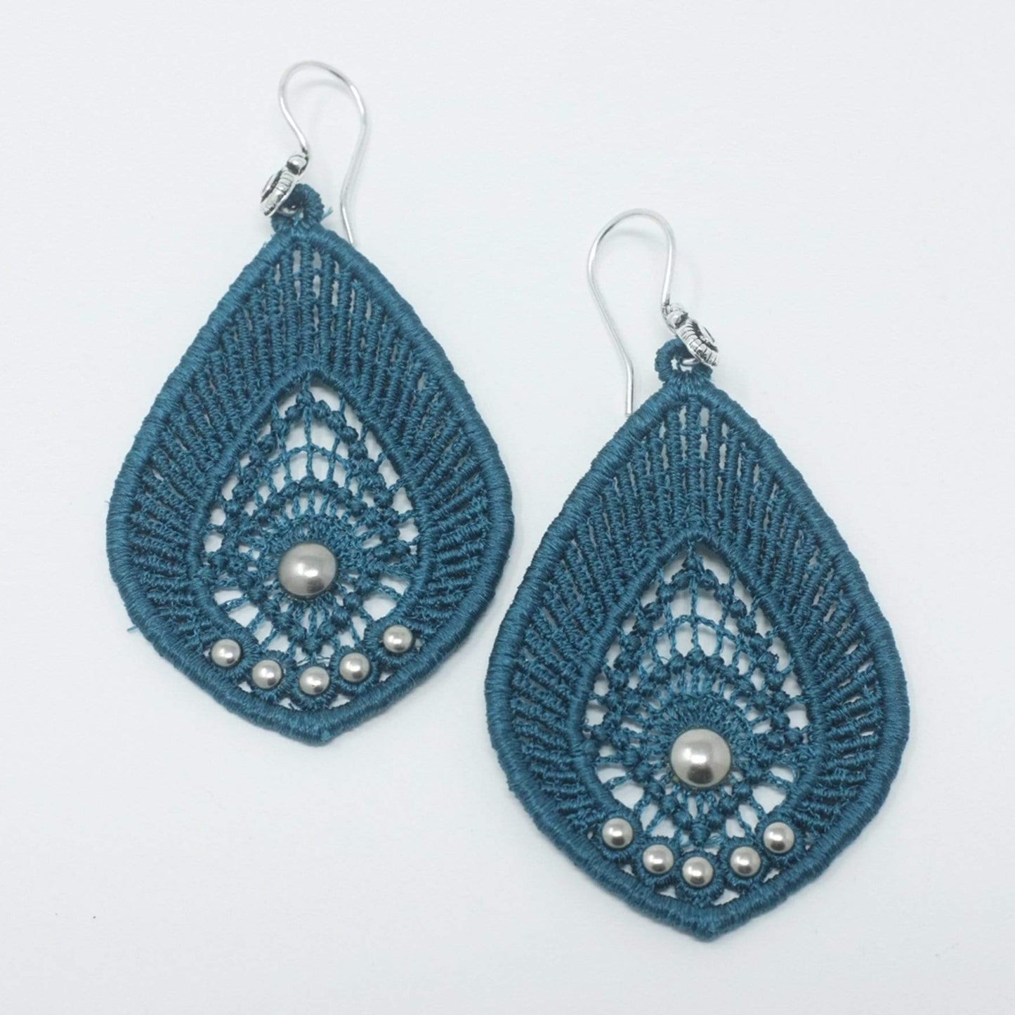 Long Lace Teardrop Earrings with Silver Beads