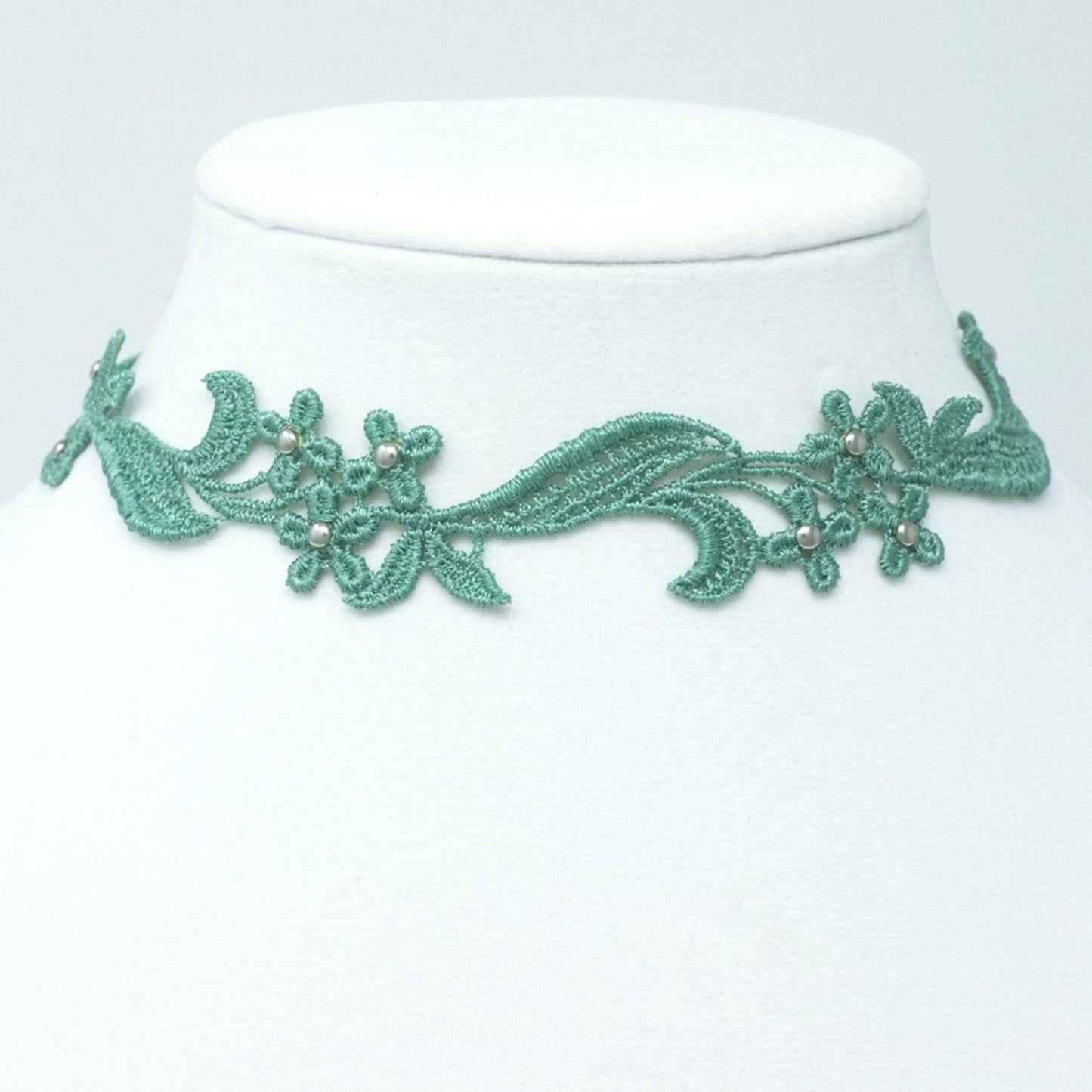 Seafoam Green Floral Choker decorated with silver beads