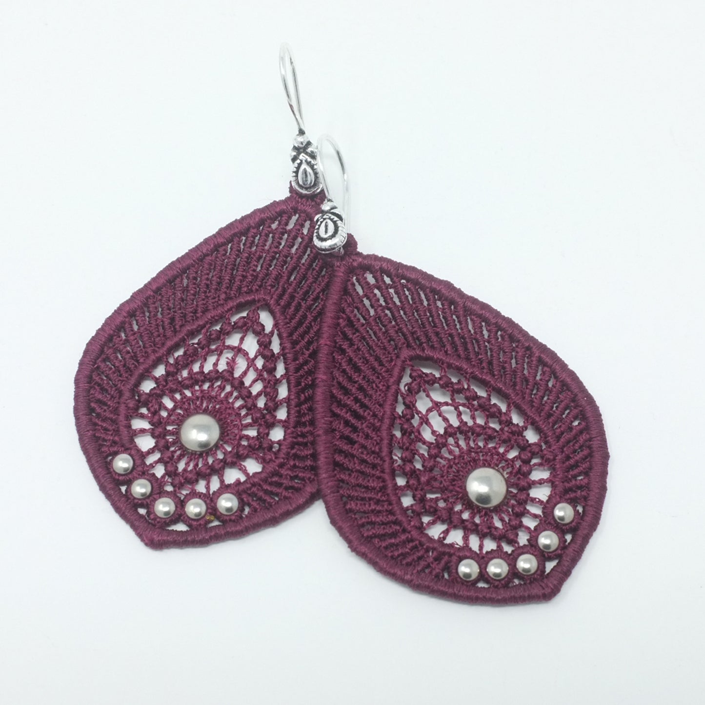 Burgundy Teardrop Lace Earrings with Silver Beads