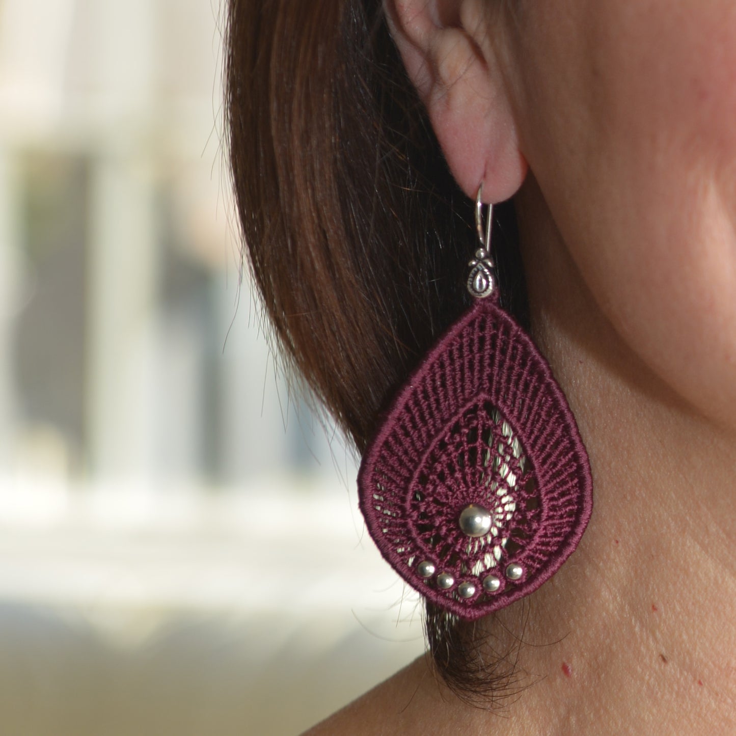 Burgundy Teardrop Lace Earrings with Silver Beads