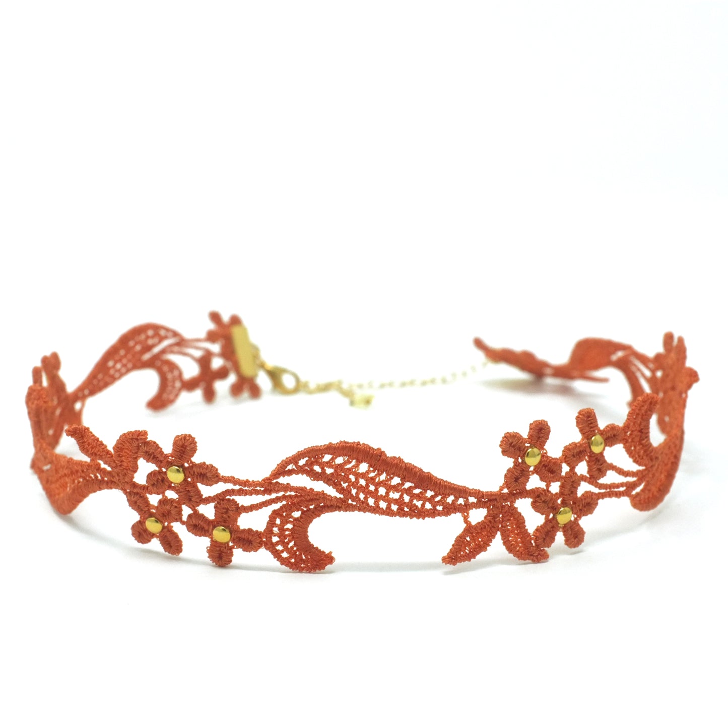 Burnt Orange Lace necklace with floral pattern decorated with gold beads