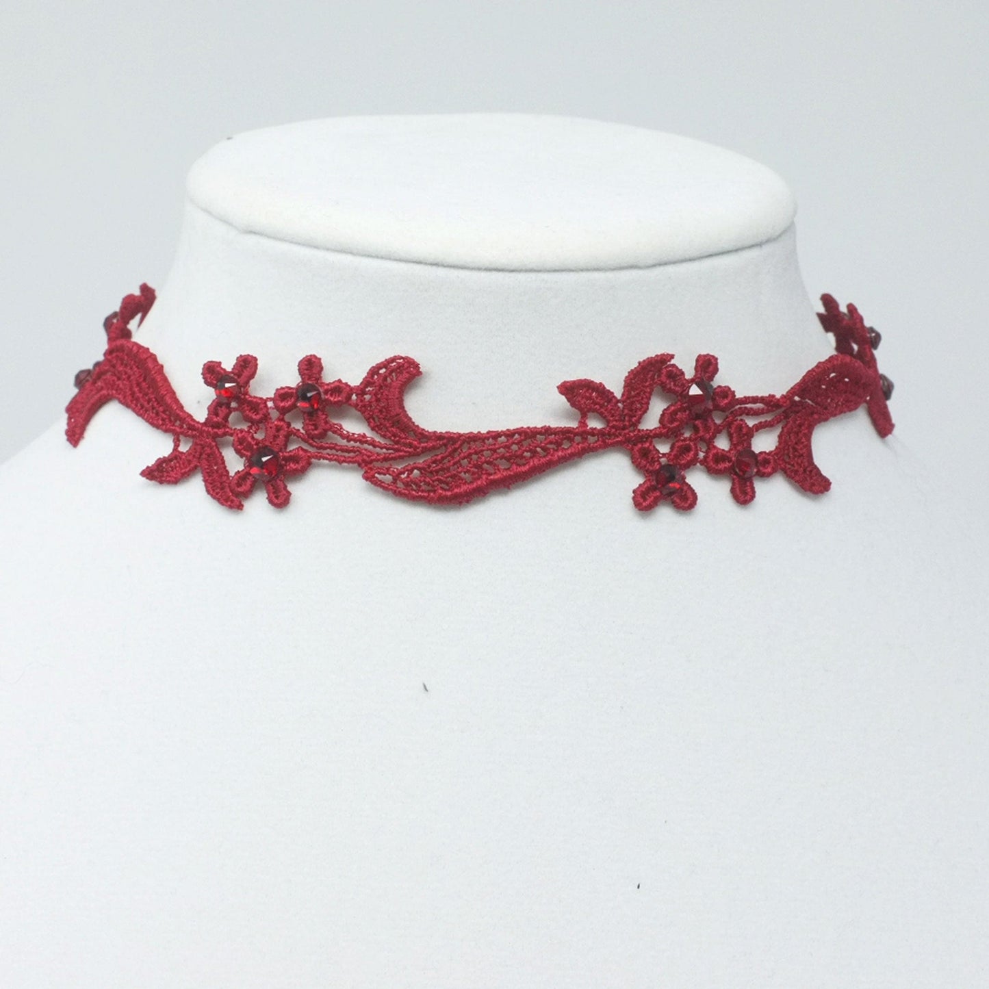 Sophia Red Lace Choker with Black Rhinestones