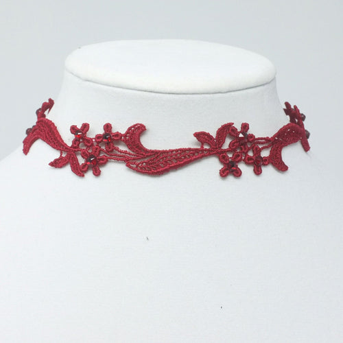 Sophia Red Floral Choker with Red Rhinestones