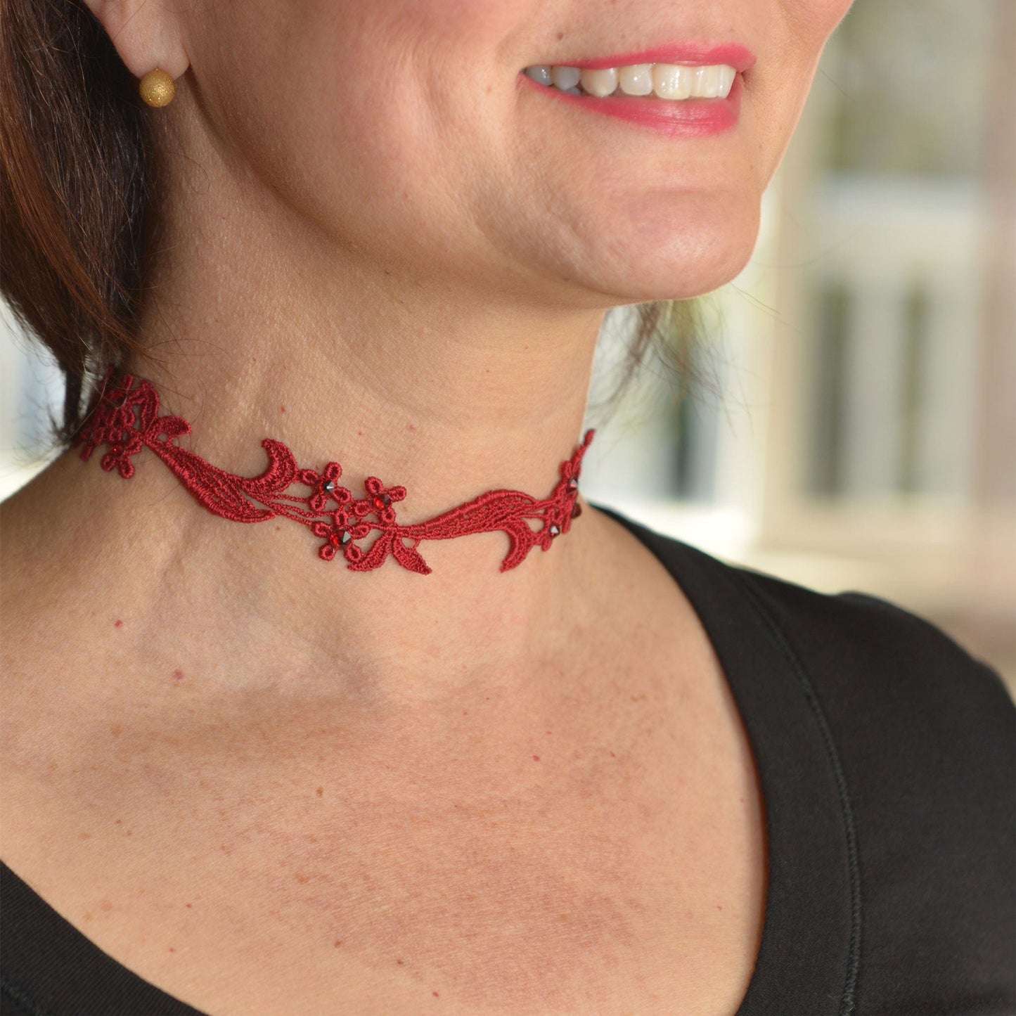 Sophia Red Lace Choker with Black Rhinestones