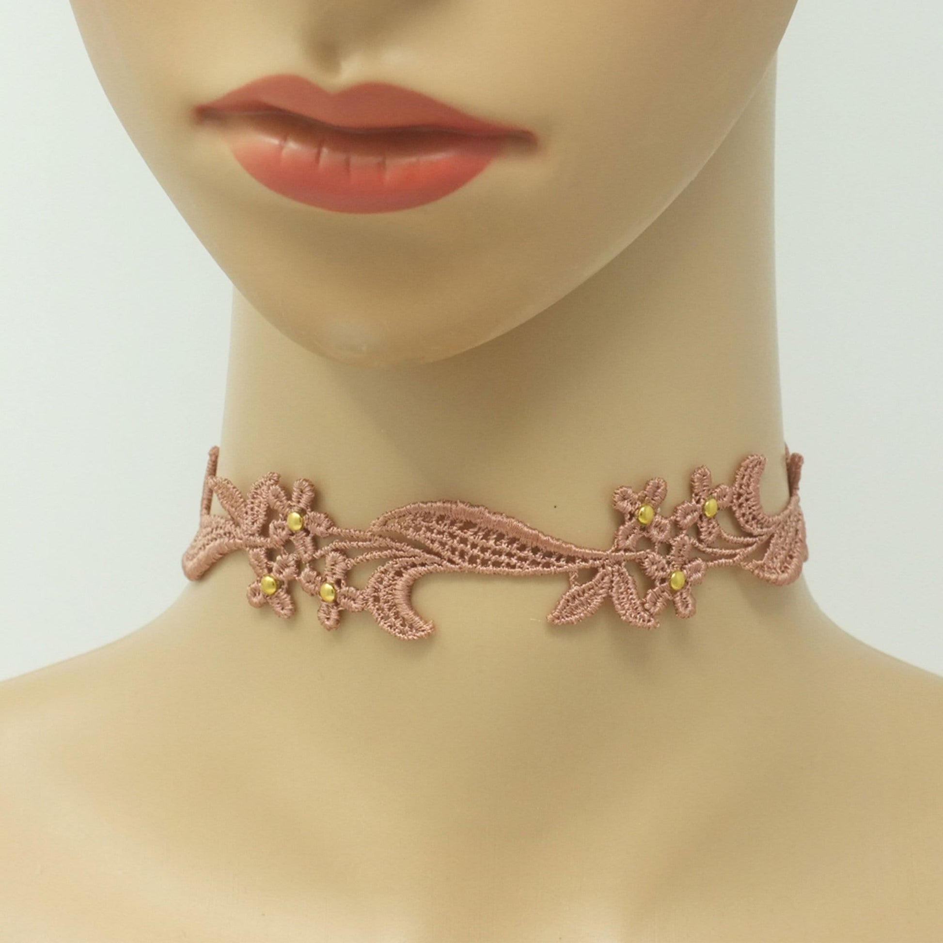 Beige Lace Choker Necklace decorated with Gold Brass Beads