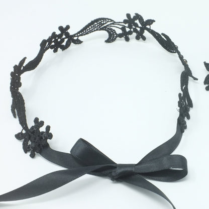 Lace Up black floral choker with black silk ribbon