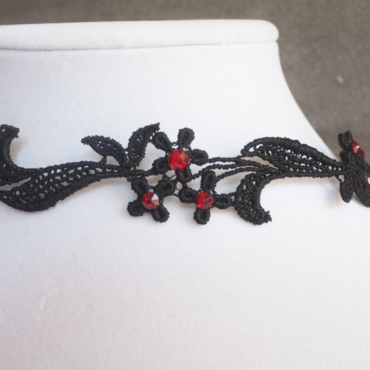 Black Floral Choker decorated with red rhinestones