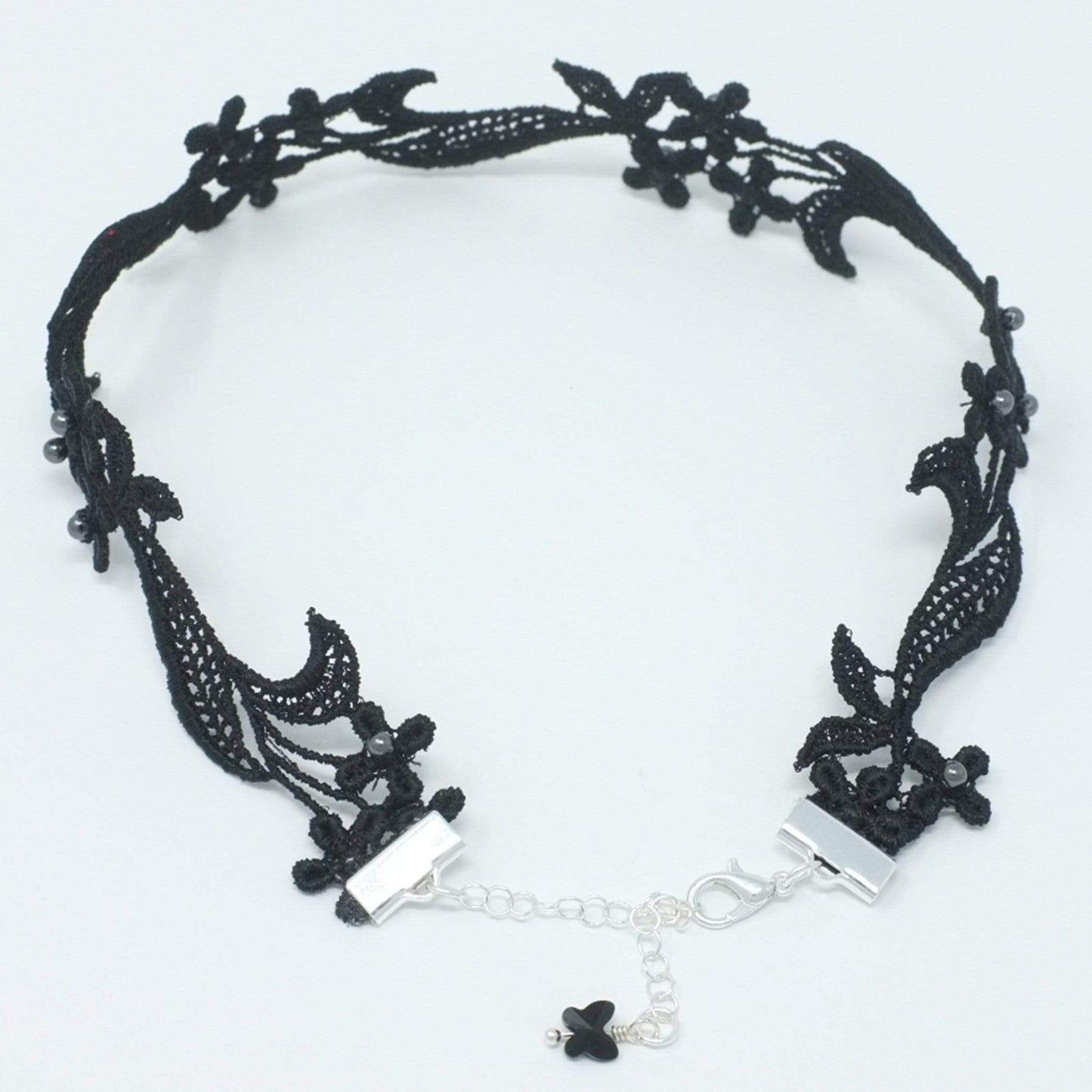 Black Lace Choker  Necklace with Black Pearls with silver clasp- Yatys Boutique