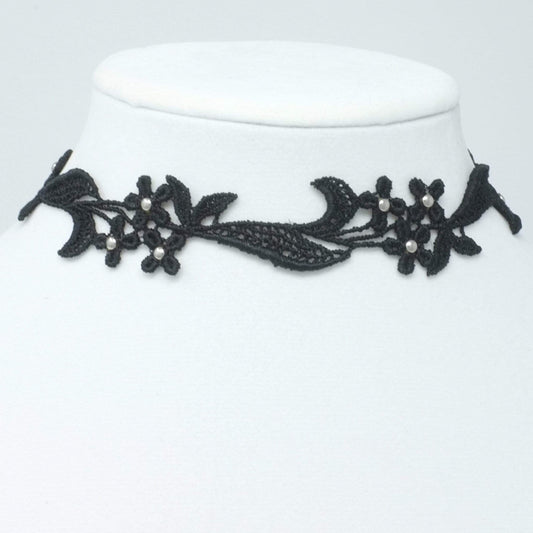 Black Flower Choker with Silver Plated Brass Beads