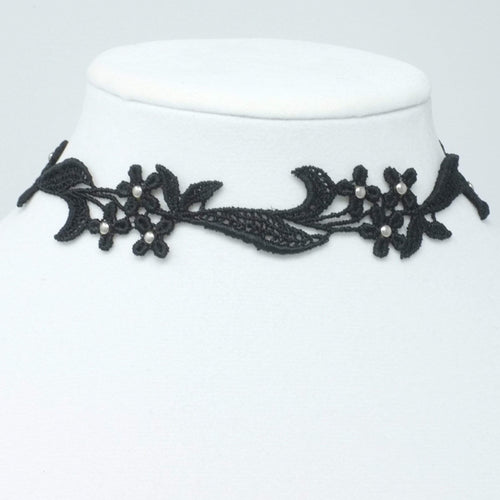 Sophia Black Floral Lace Choker Necklace with Silver Beads