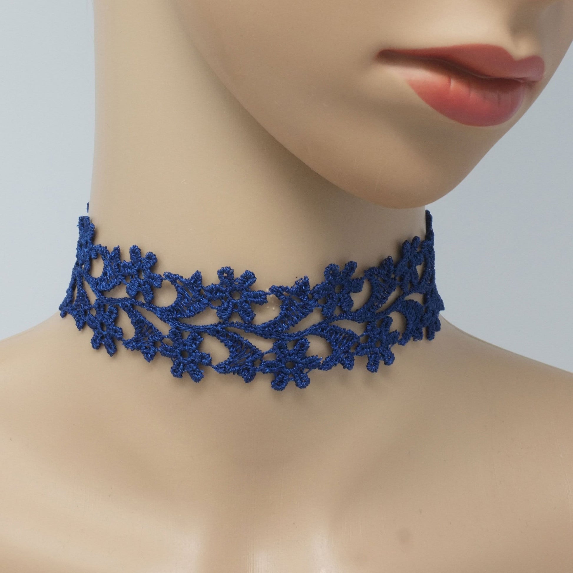 Blue Wide Lace Choker with Floral Lace