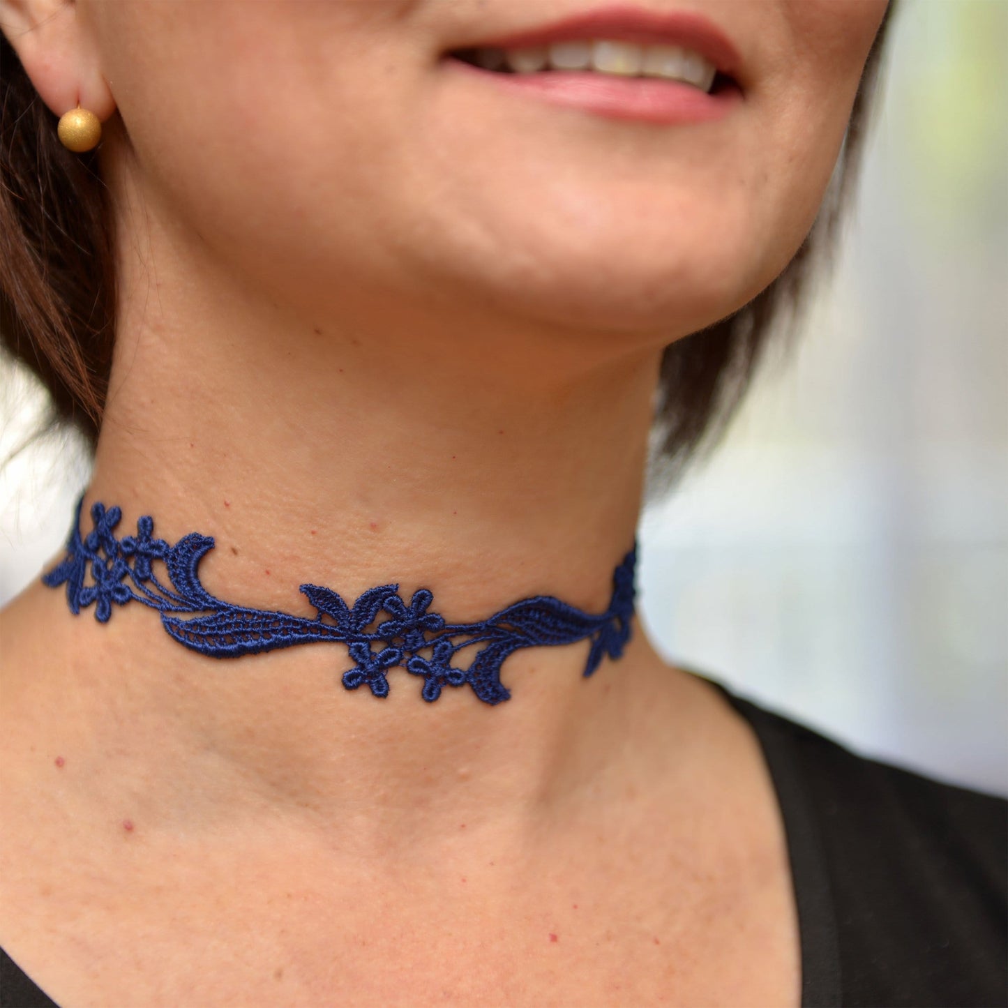 Navy Blue Floral Lace Necklace in Use