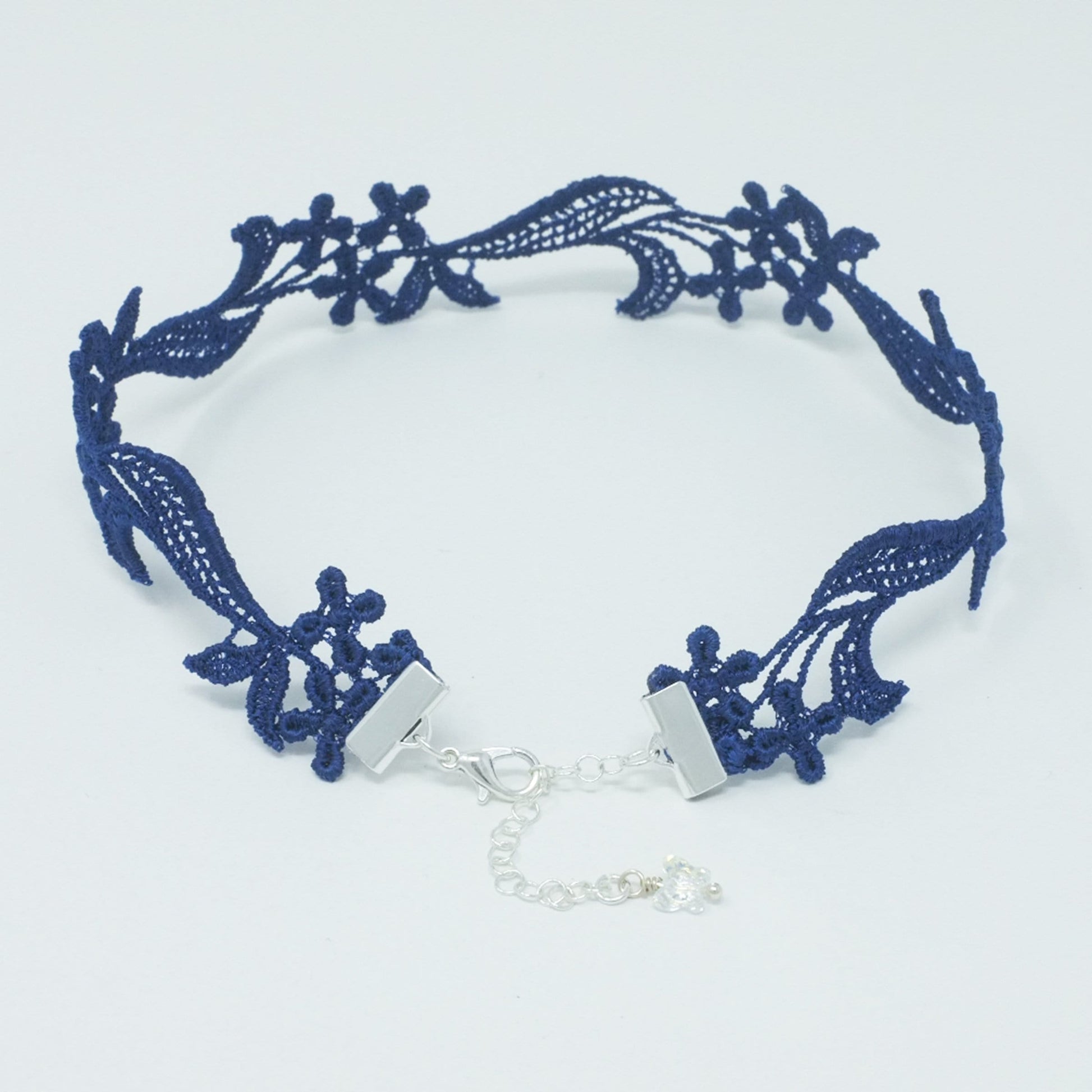 Feminine Lace Navy Blue Floral Lace Necklace with Floral pattern and silver clasp
