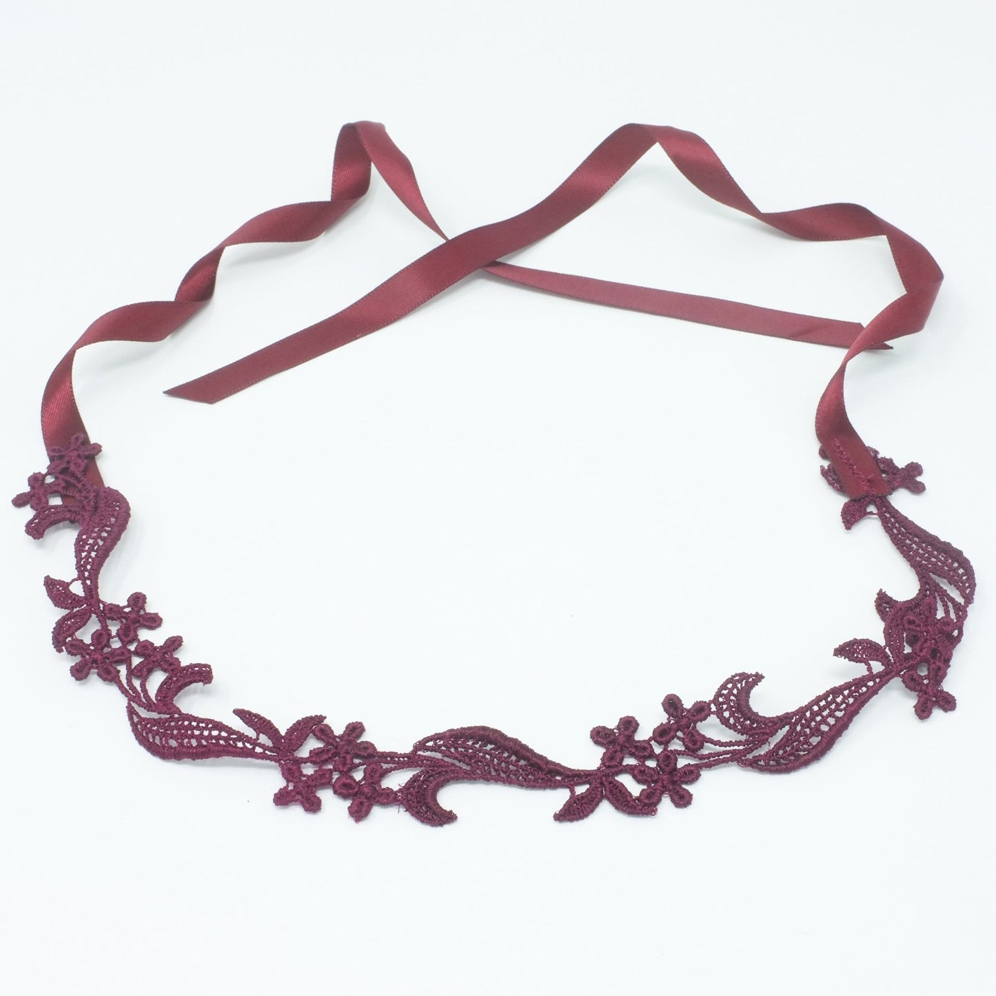 Burgundy Lace up Choker made with floral lace and satin ribbon