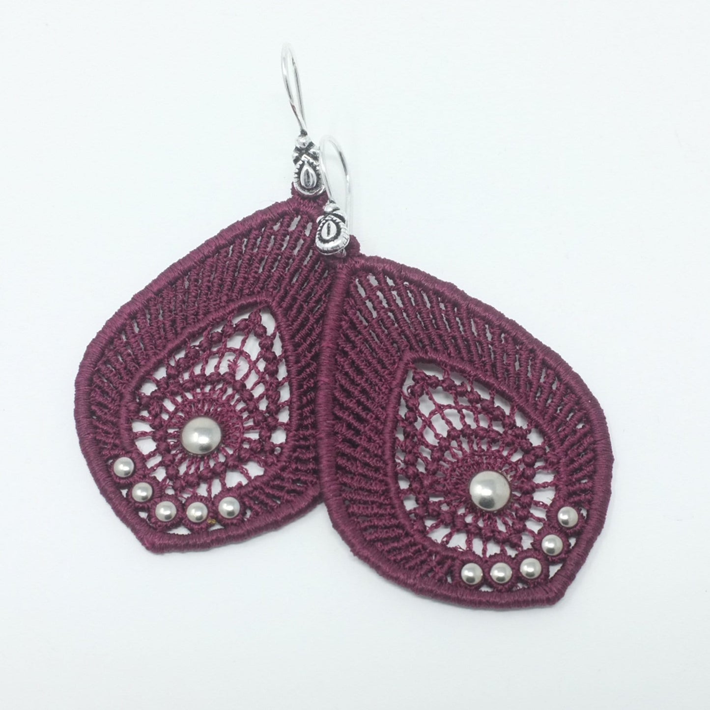 Burgundy Lace Earrings with Silver Studs