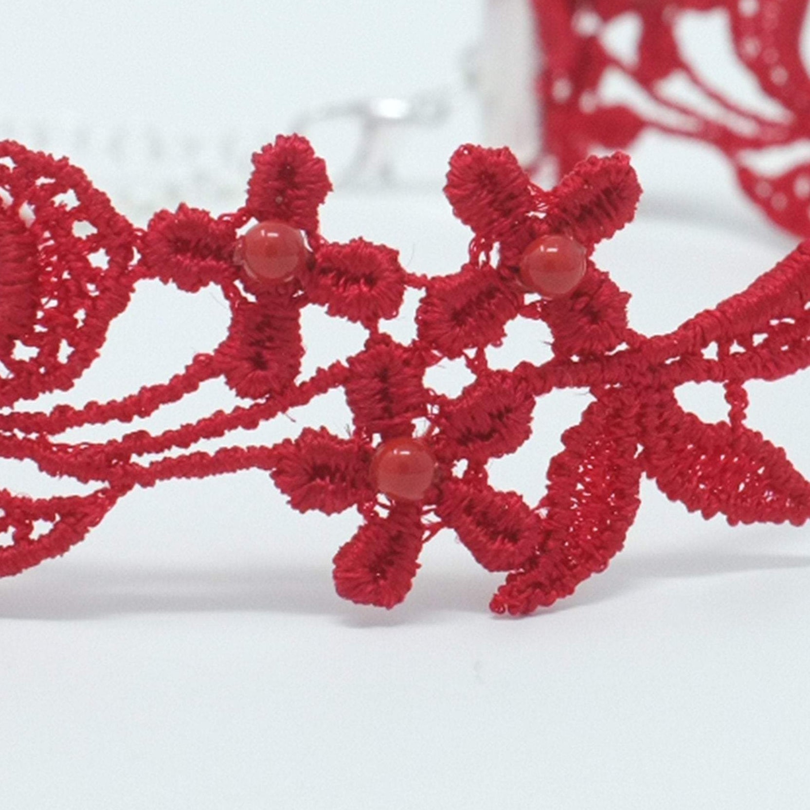 red floral Lace embroidered with red pearls