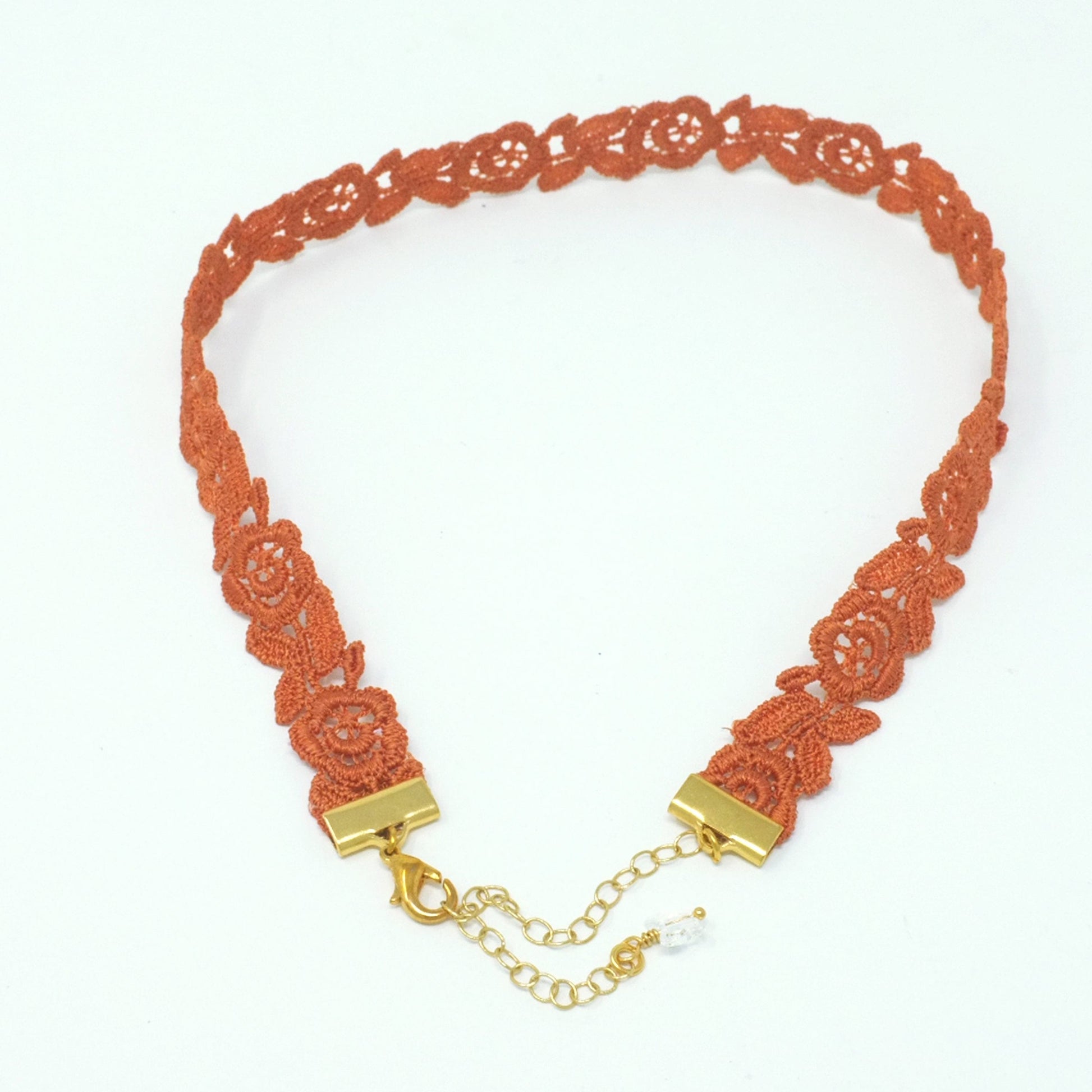 Lace choker with orange roses pattern design and gold clasp closure