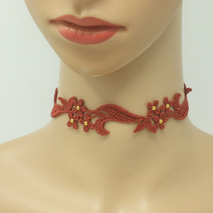 Burnt Orange Studded Choker made with floral lace