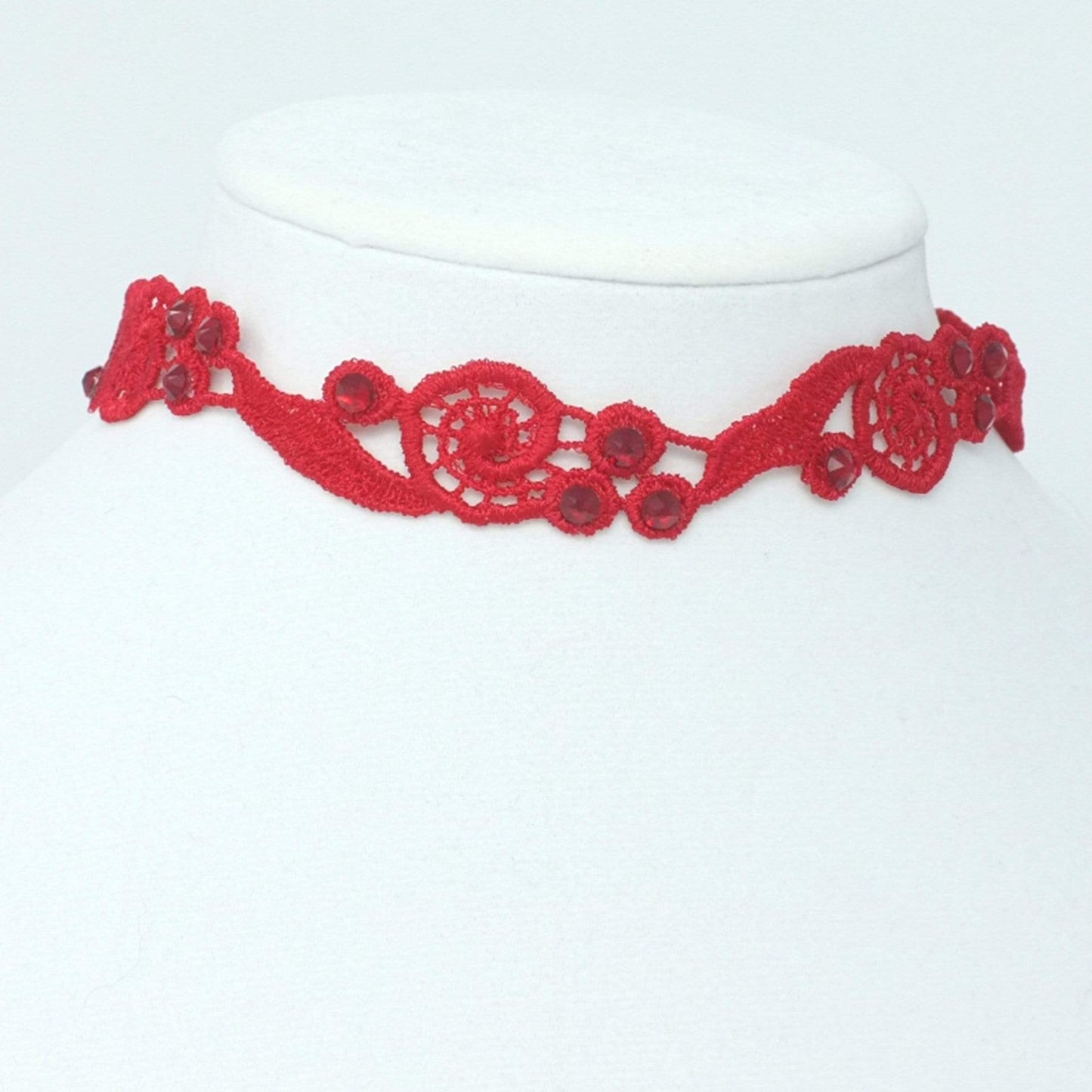 Modern Red Lace Choker with Red Rhinestones