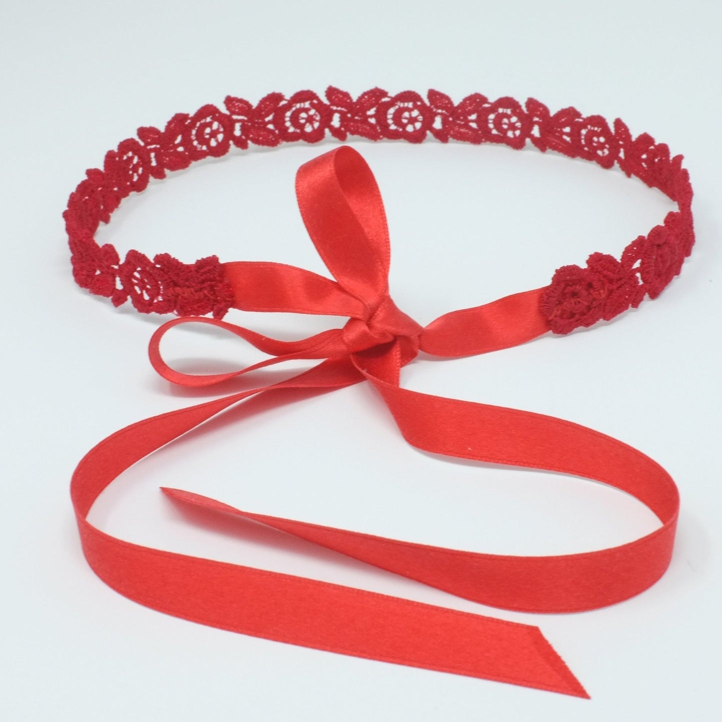 Red Choker Necklace with Rose Lace Pattern and Red Silk Ribbon