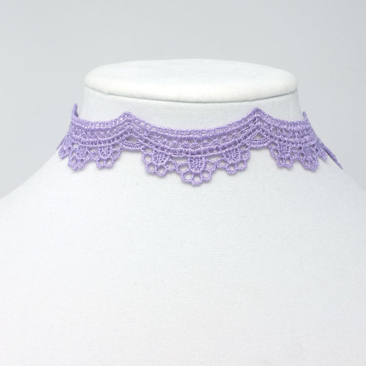 Lavender lace choker with a floral scalloped design and ribbon closure
