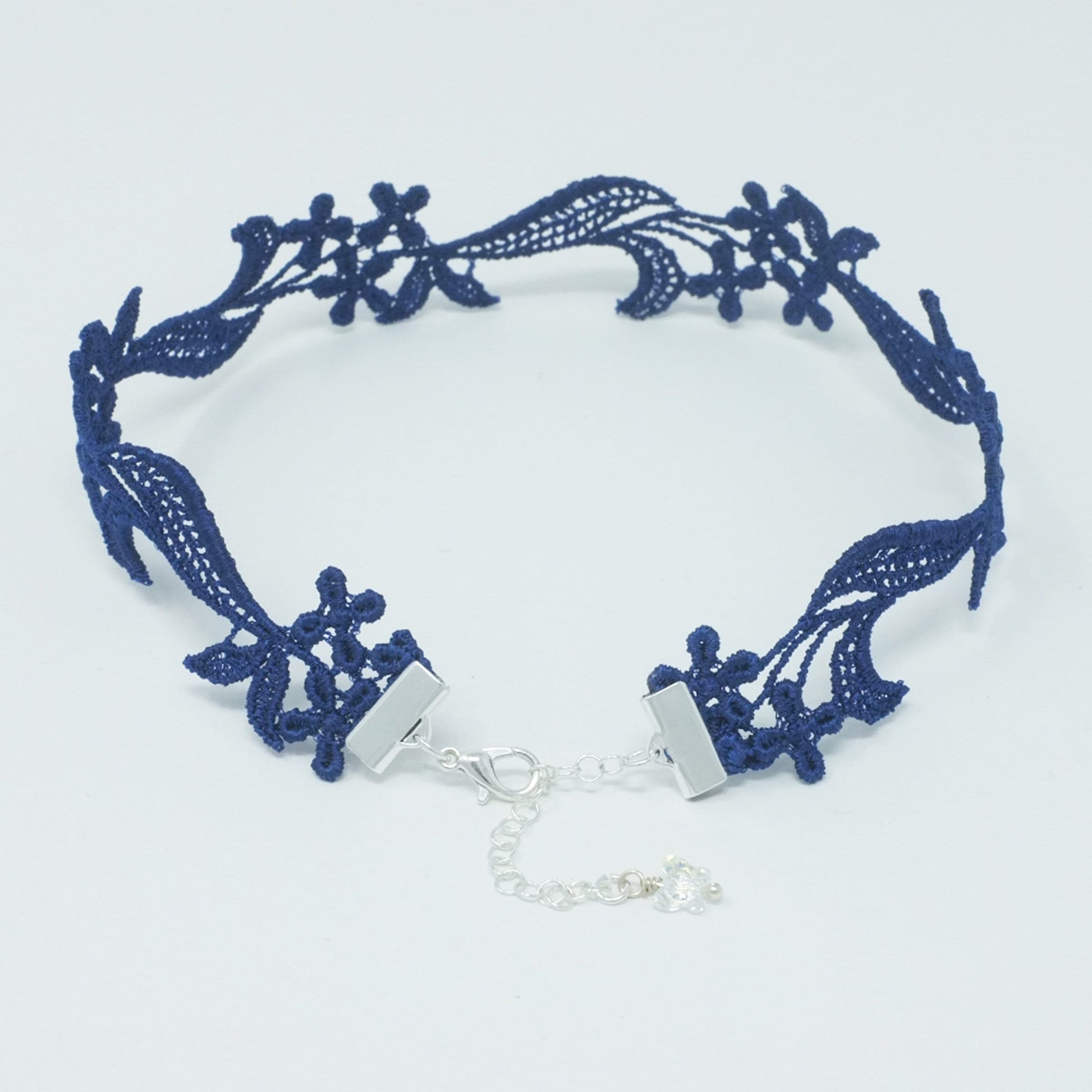 Feminine Lace Navy Blue Floral Lace Necklace with silver clasp and extender chain
