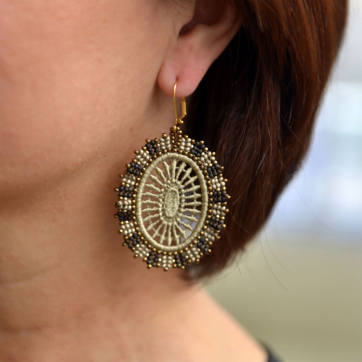 Solana Lace Drop Earrings in Matte Silver and Black