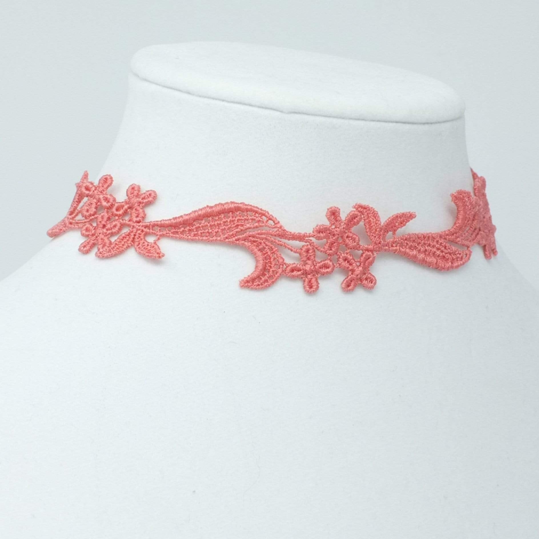 Coral Pink Lace Choker Necklace with floral design