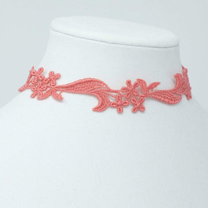 Coral Pink Lace Choker Necklace with floral design