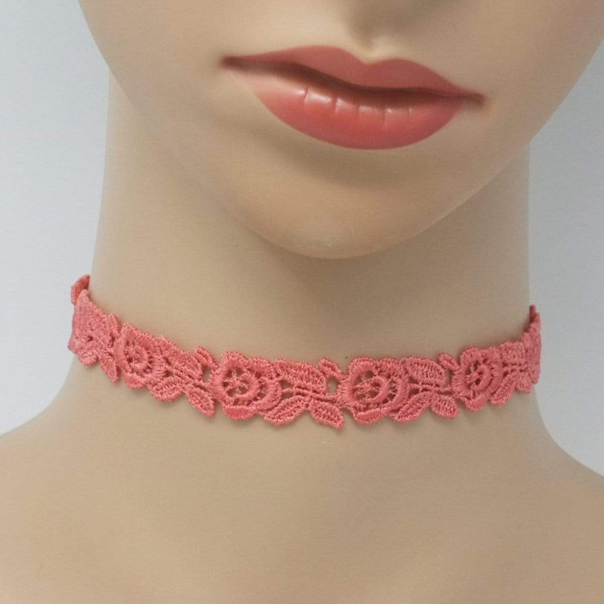 Pink Coral Choker with Floral Lace