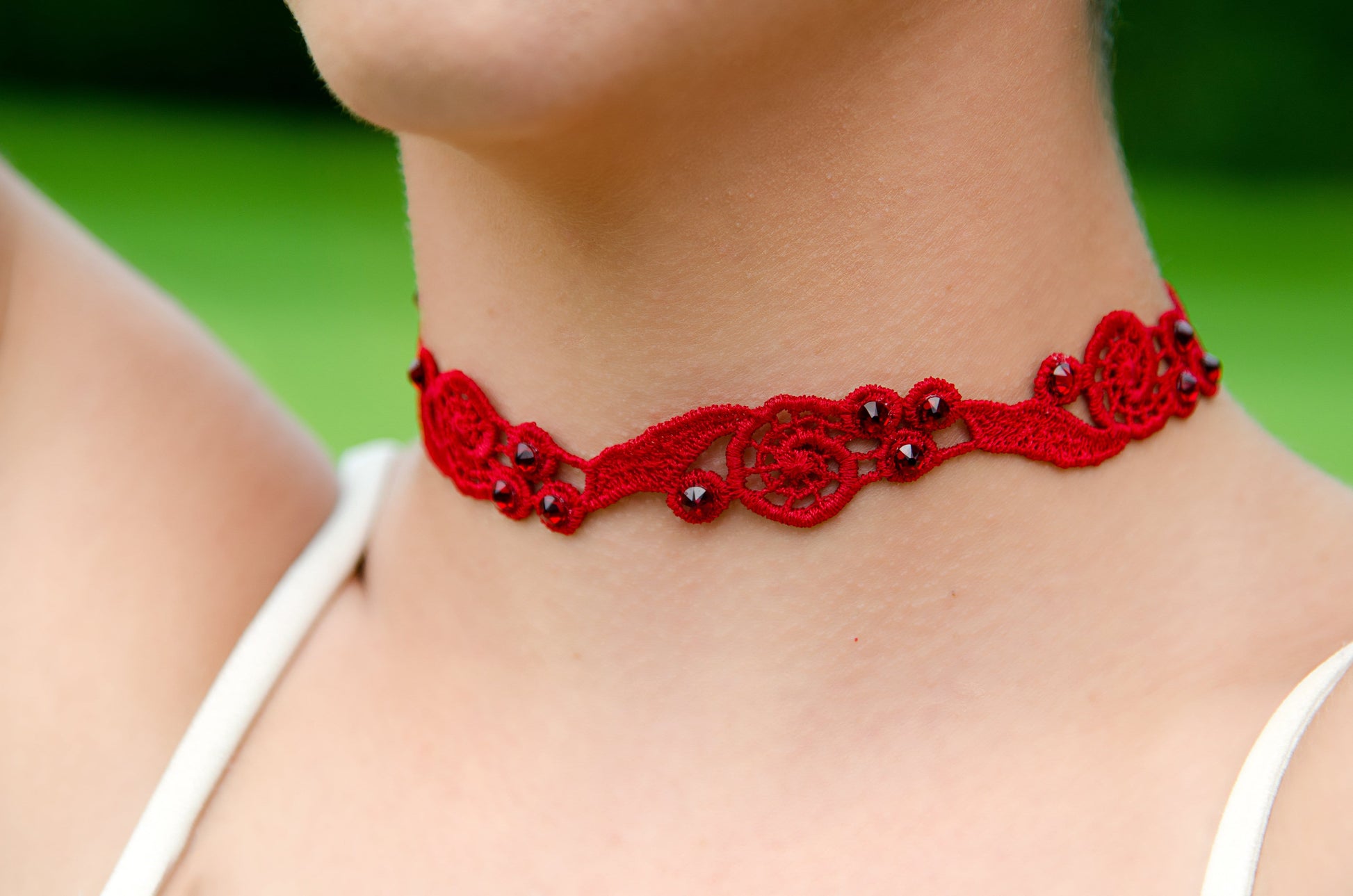 Red Coker Necklace made with red lace embellished with red rhinestones