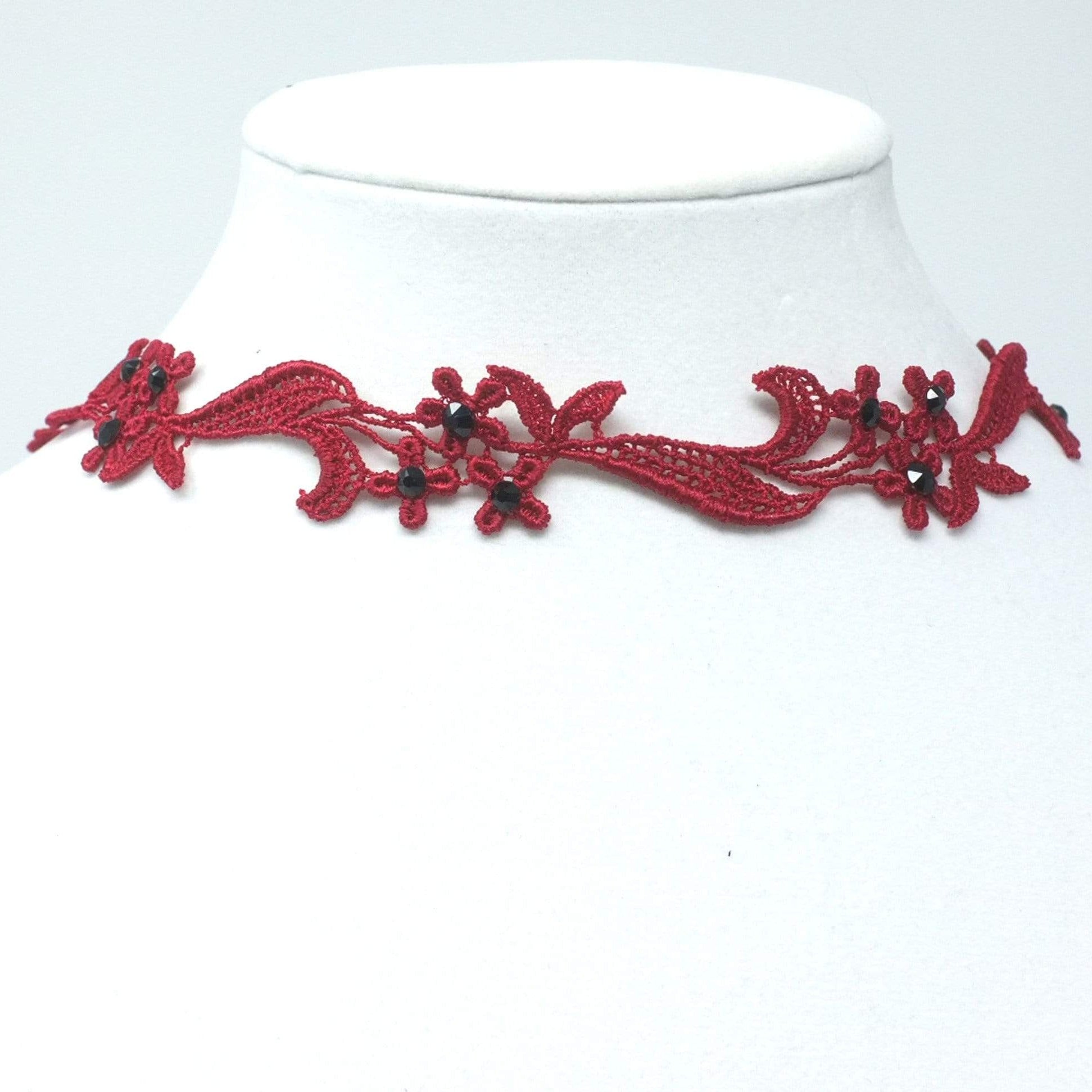 Red and Black Choker Necklace with Floral Lace