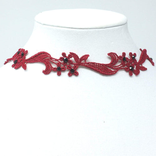 Sophia Red Floral Choker with Black Rhinestones