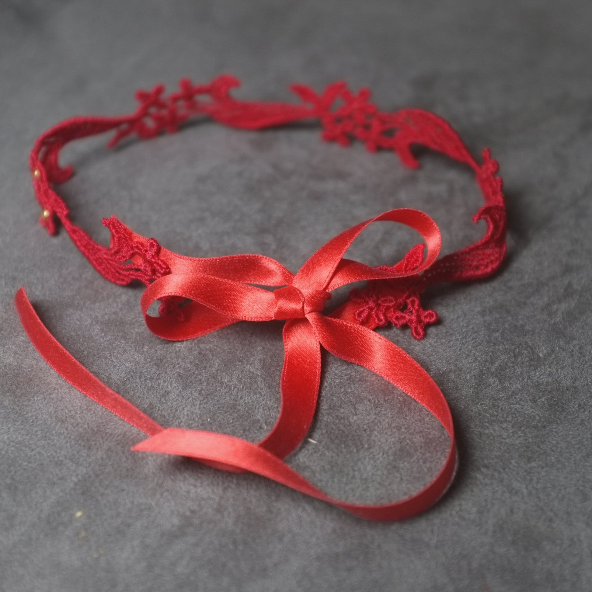 Studded Choker Necklace with silk ribbon as closure.