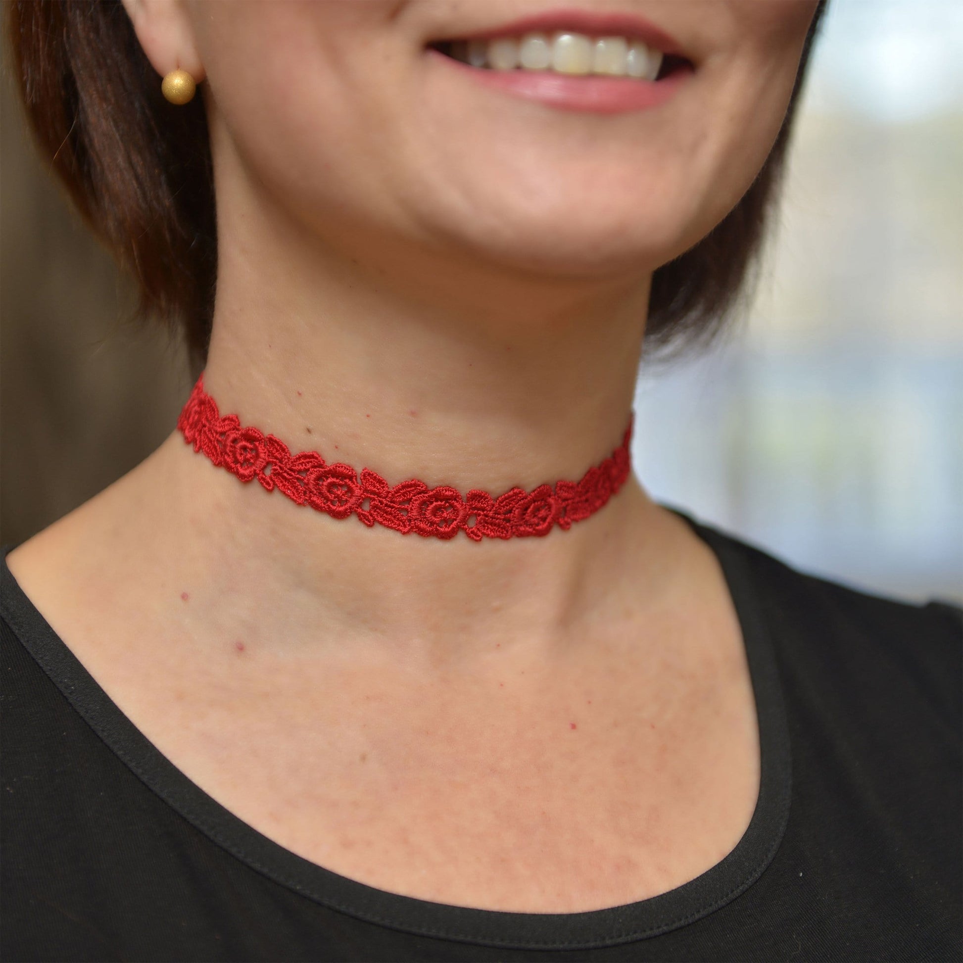 Red Lace Choker with Rose Flowers