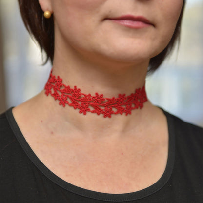 Red Lace Choker with Embroidered Floral Lace